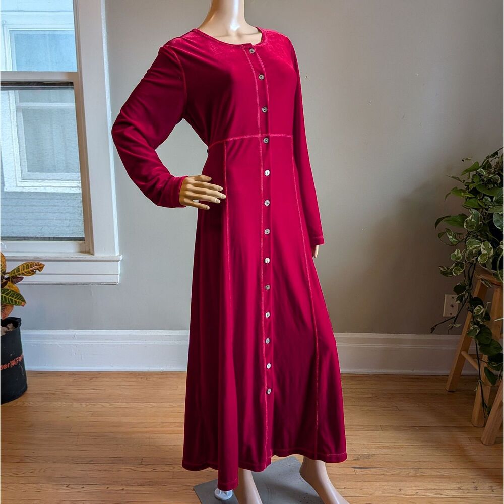 Vintage 90s The Territory Ahead Red Velvet Maxi Dress Button Front Holidays L